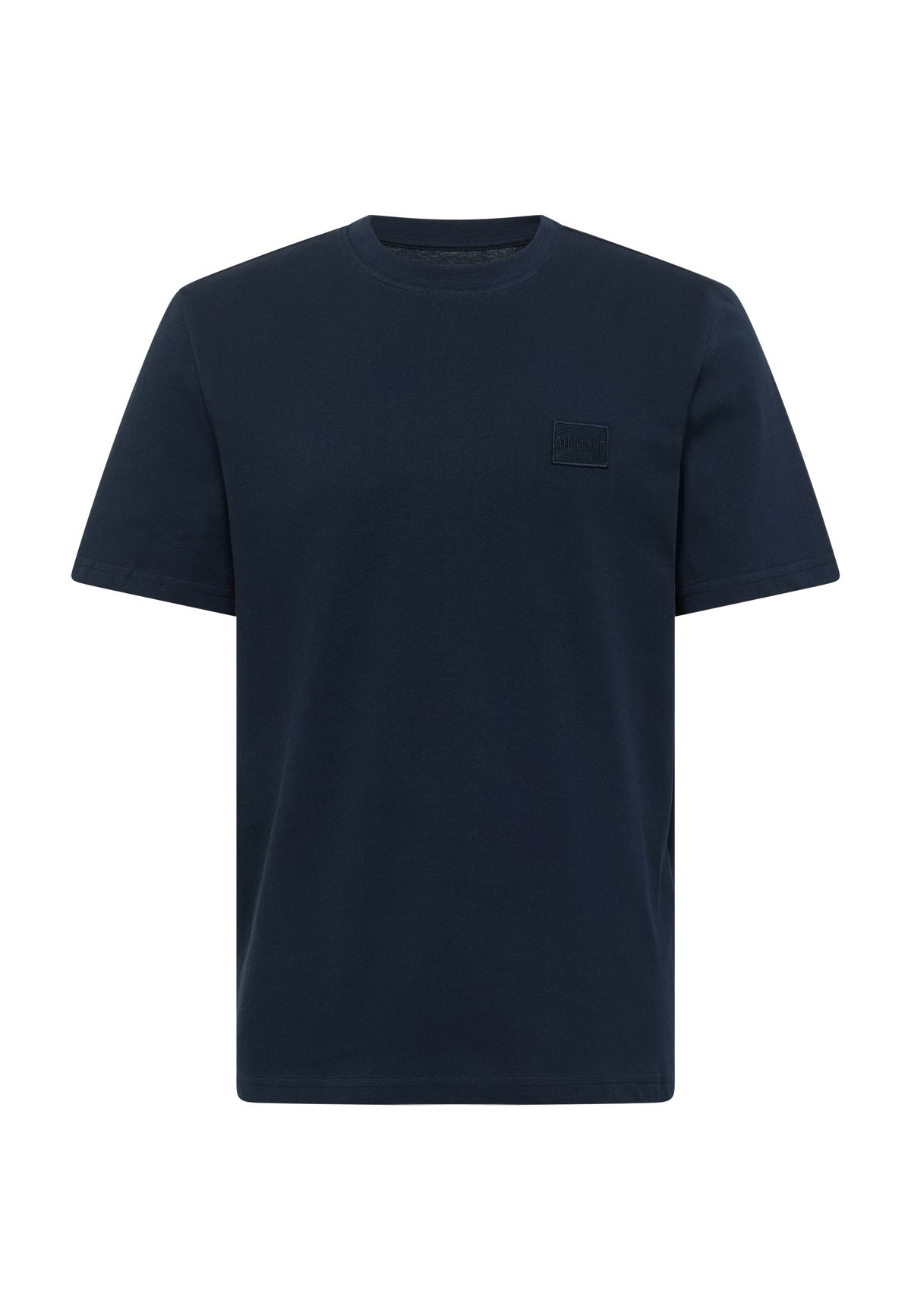 Tricou Austin albastru închis, față, plan general, petic cu Mustang brodat pe piept