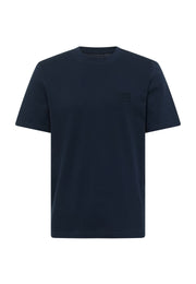 Tricou Austin albastru închis, față, plan general, petic cu Mustang brodat pe piept