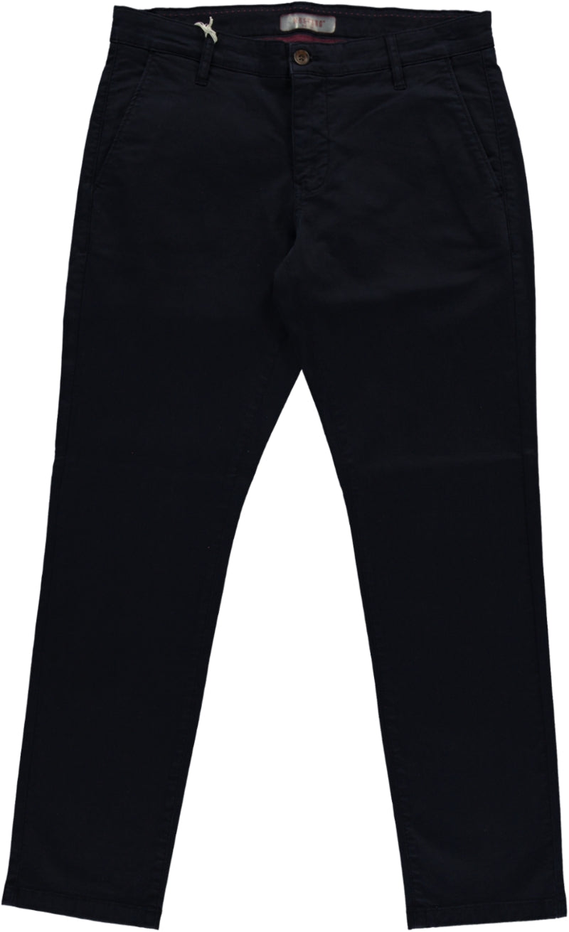 Pantaloni Brad Chino albastru, față, șliț cu căptușeală în carouri roșu-bordo