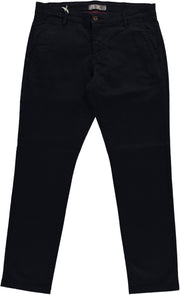 Pantaloni Brad Chino albastru, față, șliț cu căptușeală în carouri roșu-bordo