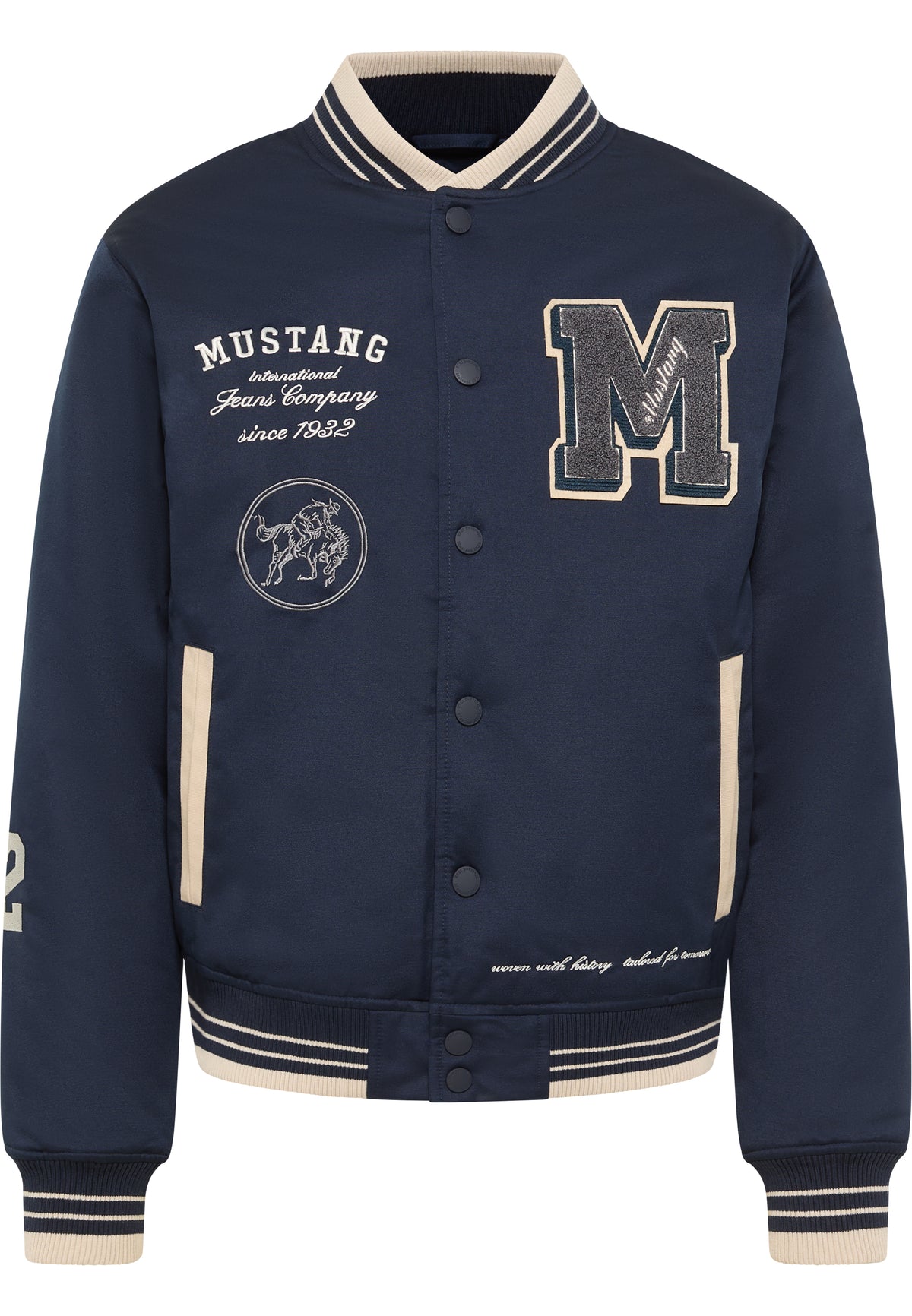 Geacă Rigby bleumarin, față, broderie „Mustang since 1932” și petic cu litera M pe piept, guler bej