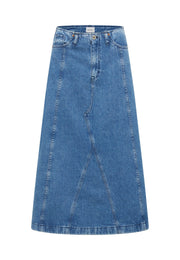 Fustă Carrol Denim albastru, față, croială evazată tip A cu cusături verticale