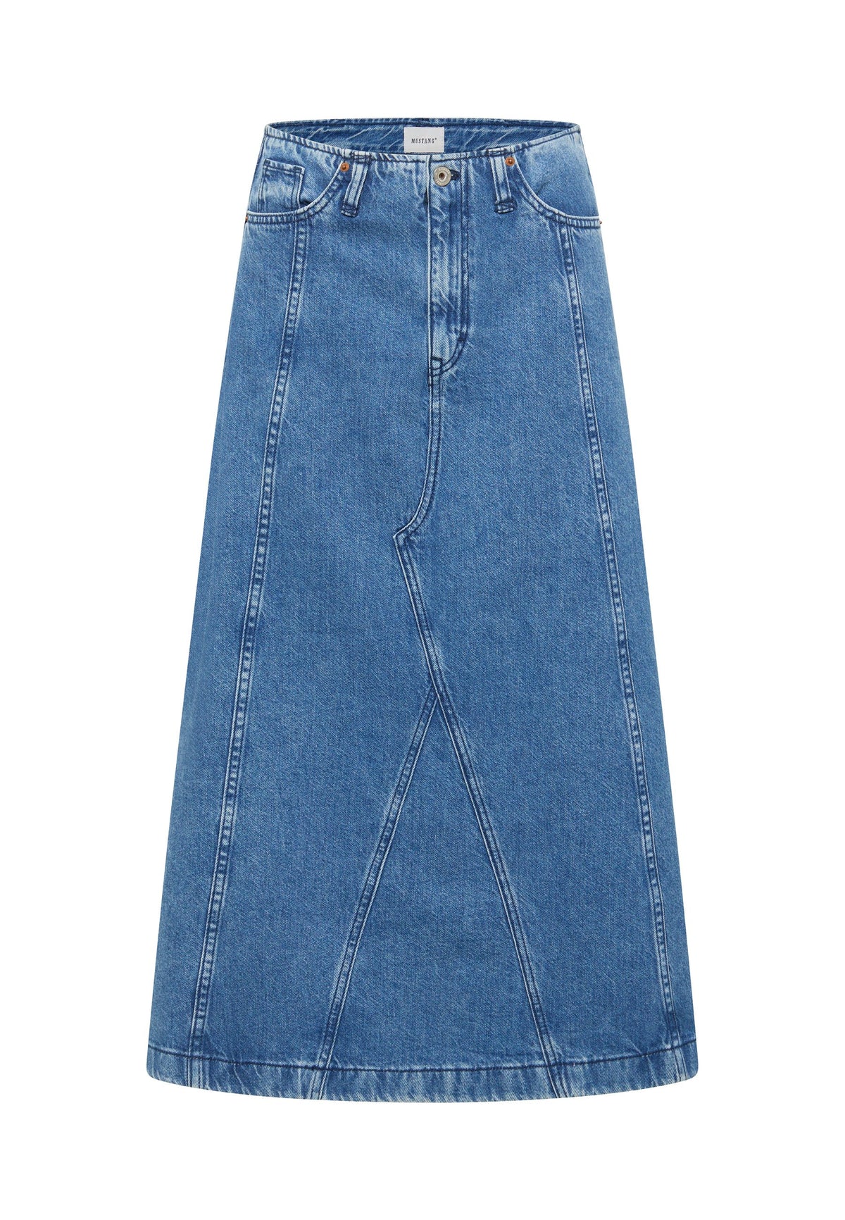 Fustă Carrol Denim albastru, față, croială evazată tip A cu cusături verticale