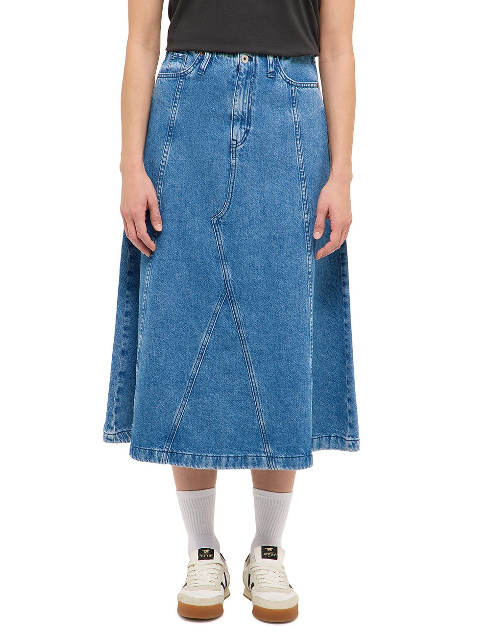 Fustă Carrol Denim albastru, față, talie înaltă cu betelieră și fentă centrală