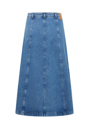 Fustă Carrol Denim albastru, spate, cusături verticale pe toată lungimea și etichetă la betelie