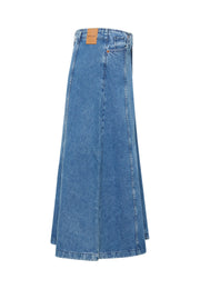 Fustă Carrol Denim albastru, lateral, formă evazată midi cu cusătură verticală vizibilă