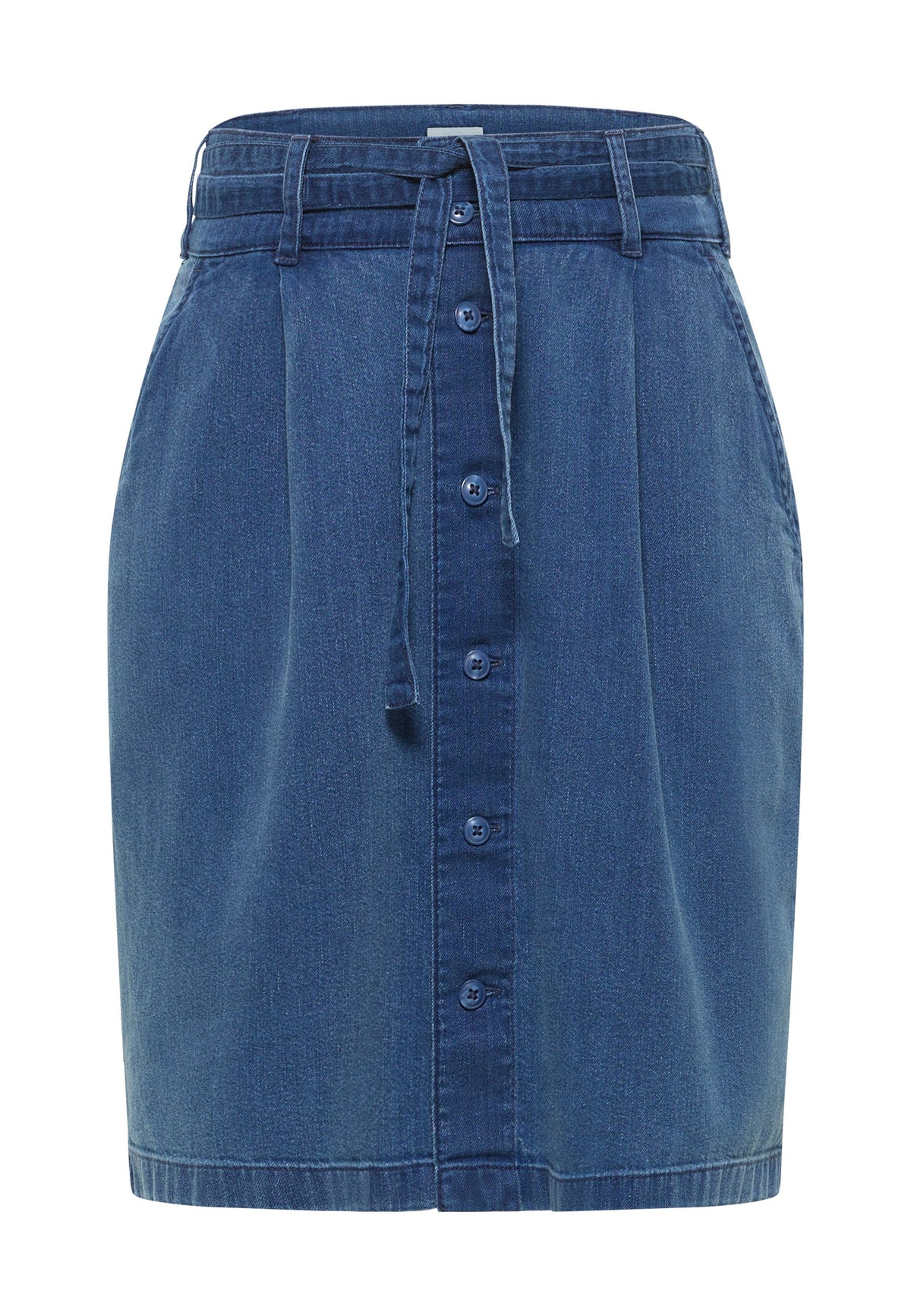 Fustă Bellevue Denim albastru, față, nasturi pe toată lungimea și cordon înnodat la talie