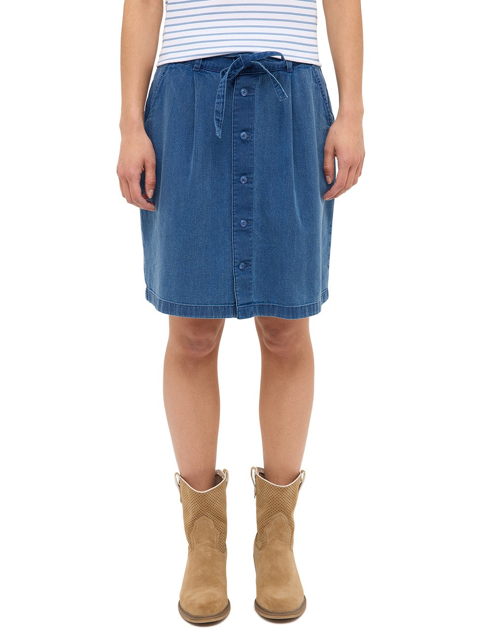 Fustă Bellevue Denim albastru, față, lungime la genunchi cu pense la talie și buzunare laterale