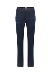 Blugi Oregon albastru închis, față, denim uniform cu cusături în contrast portocalii