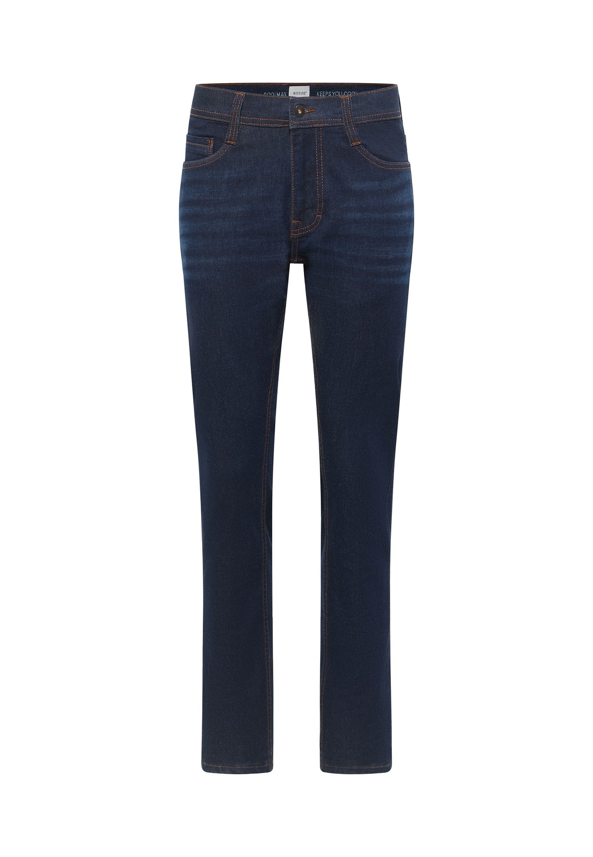 Blugi Oregon albastru închis, față, denim uniform cu cusături în contrast portocalii