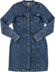 Rochie A-Shape Paola Alto Denim albastru mediu, față, guler rotund fără rever, prezentare pe plat