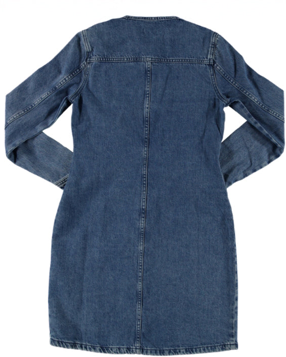 Rochie A-Shape Paola Alto Denim albastru mediu, spate, cusătură verticală pe mijloc, croi evazat