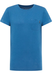 Tricou Allen albastru cobalt, față, așezat plat, buzunar aplicat pe piept cu etichetă mică