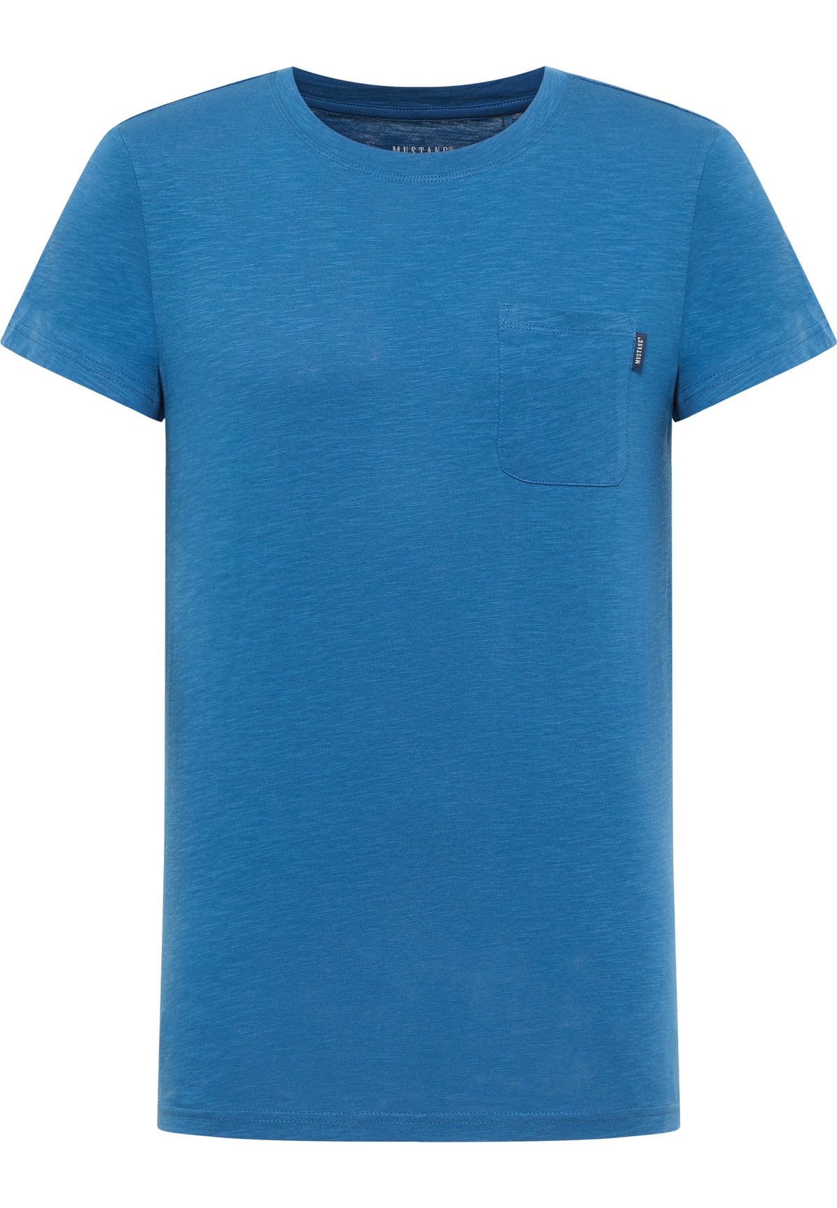 Tricou Allen albastru cobalt, față, așezat plat, buzunar aplicat pe piept cu etichetă mică