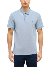 Tricou Palco albastru deschis melanj, față, plan apropiat pe guler și nasturi, purtat pe model