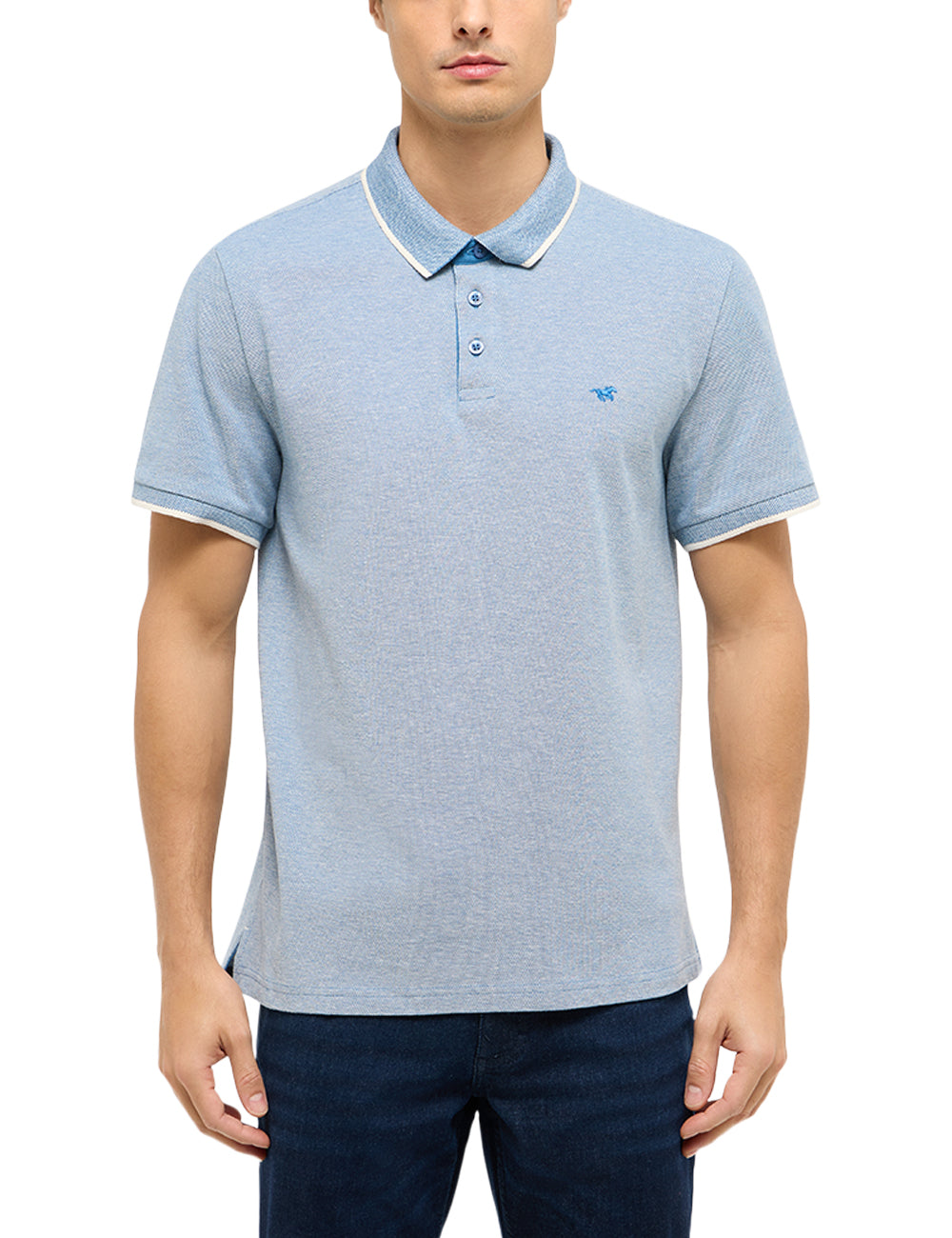 Tricou Palco albastru deschis melanj, față, plan apropiat pe guler și nasturi, purtat pe model
