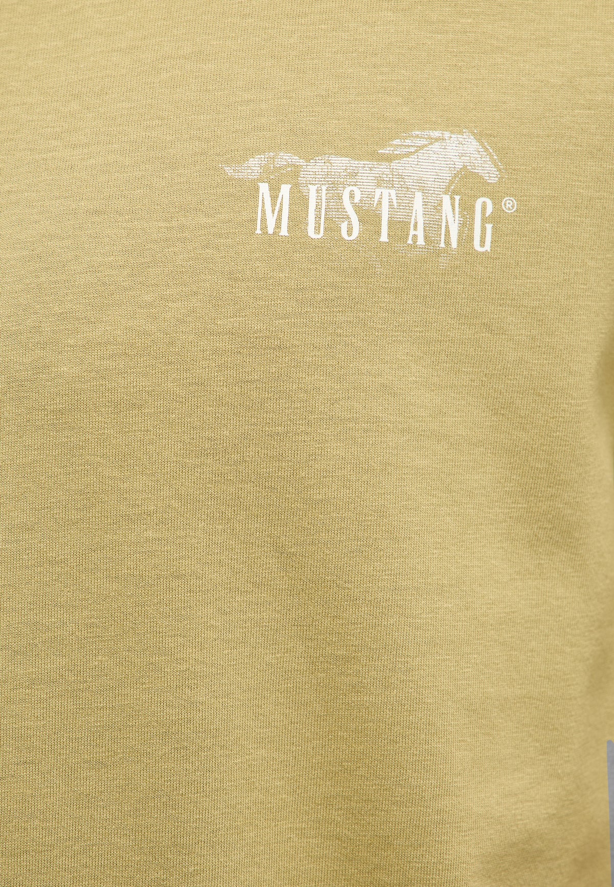 Tricou Austin kaki auriu, detaliu, imprimeu alb cu cal în alergare și inscripția Mustang