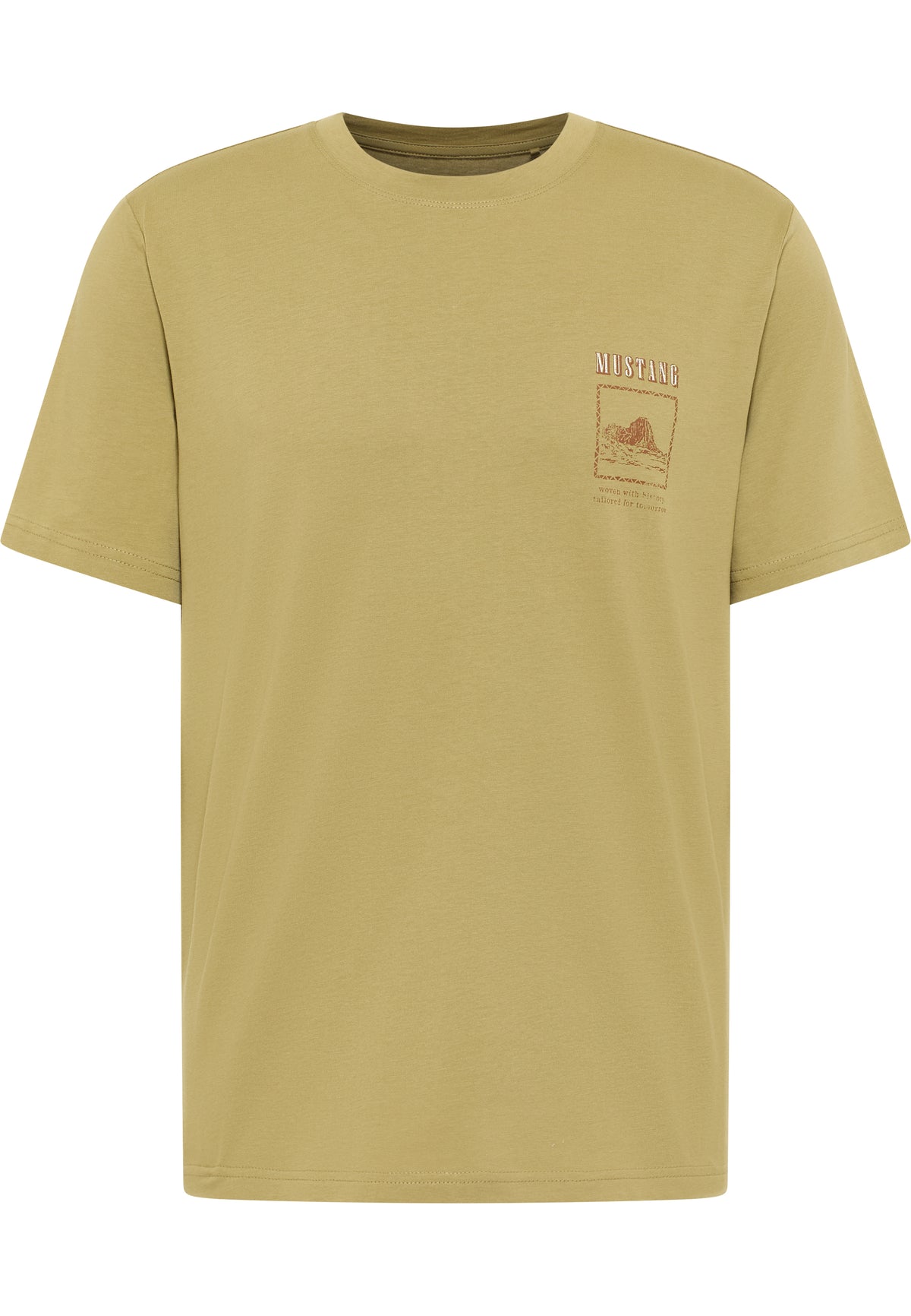 Tricou Austin verde măsliniu, față, plan general, imprimeu mic pe piept cu ilustrație stâncă și textul Mustang