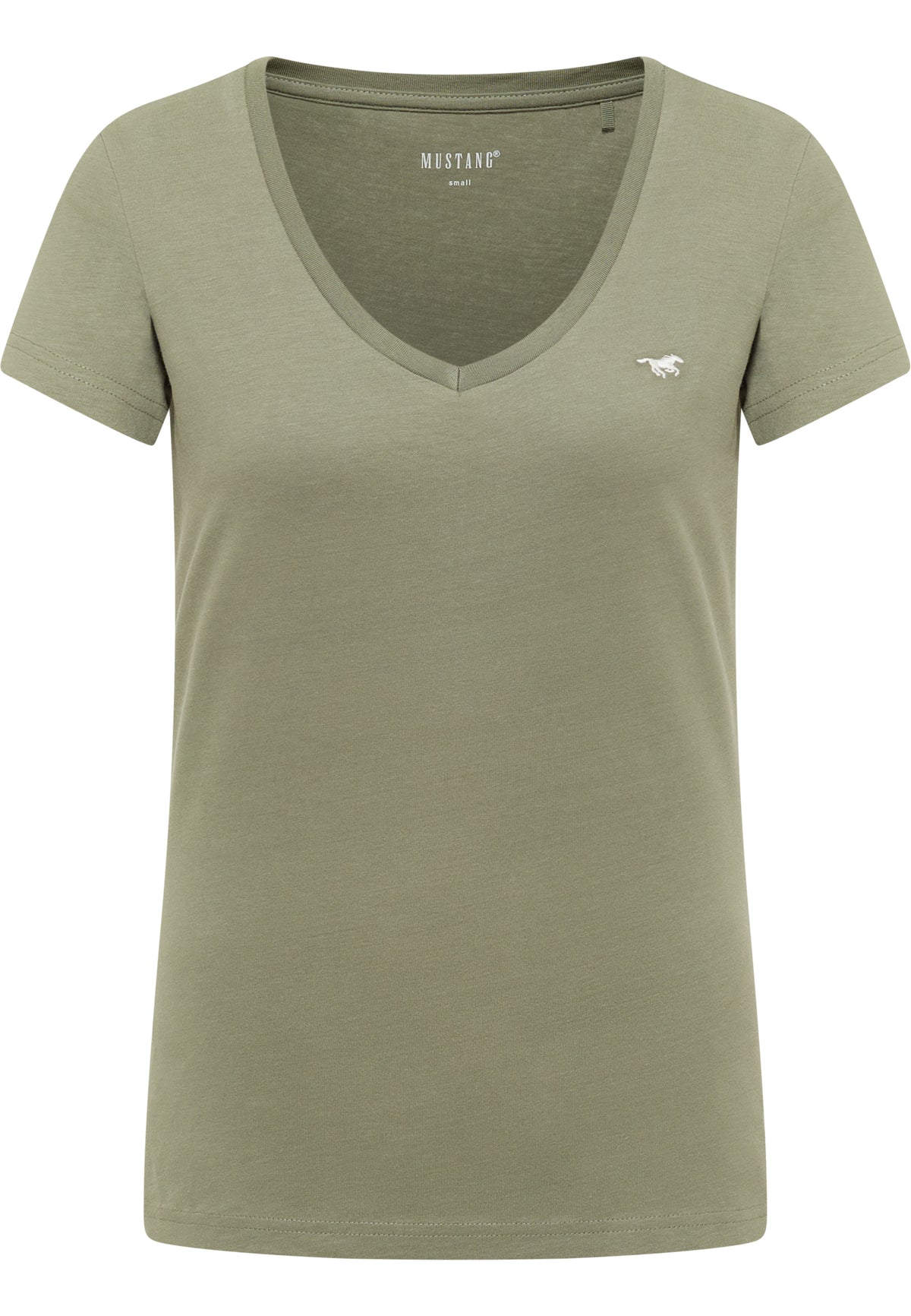 Tricou Beverly verde kaki pal, față, decolteu în V cu siglă brodată cu cal pe piept