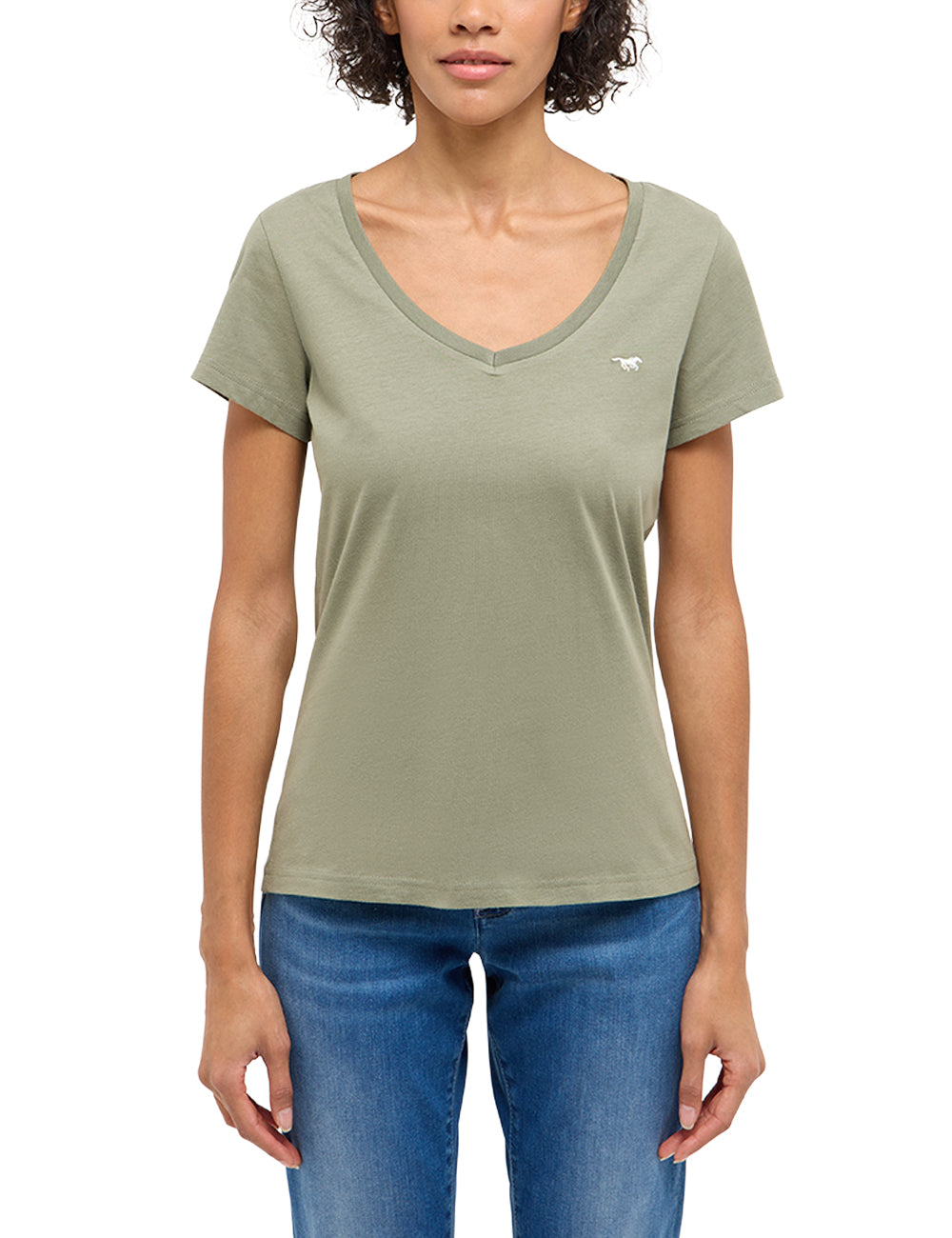 Tricou Beverly verde kaki pal, față, purtat, decolteu în V cu siglă brodată cu cal