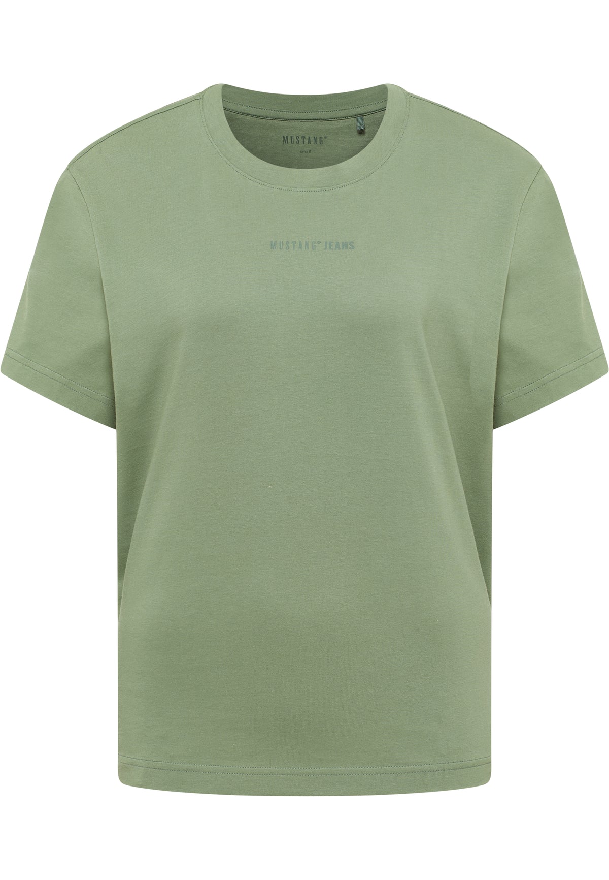 Tricou Relaxed Floris verde, față, imprimeu mic „Mustang Jeans” pe piept, croi larg