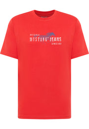Tricou Austin roșu, față, imprimeu pe piept „Original Mustang Jeans Since 1932” cu cal albastru