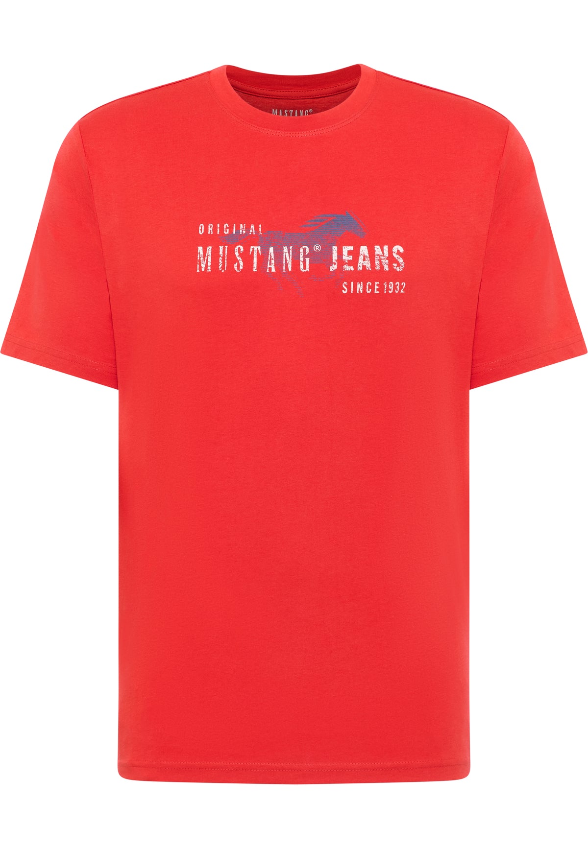 Tricou Austin roșu, față, imprimeu pe piept „Original Mustang Jeans Since 1932” cu cal albastru