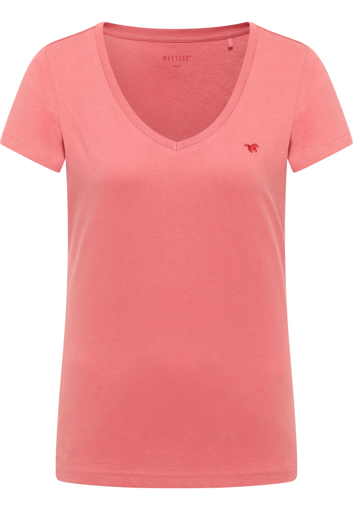 Tricou Beverly roz corai, față, decolteu în V cu siglă brodată cu cal pe piept