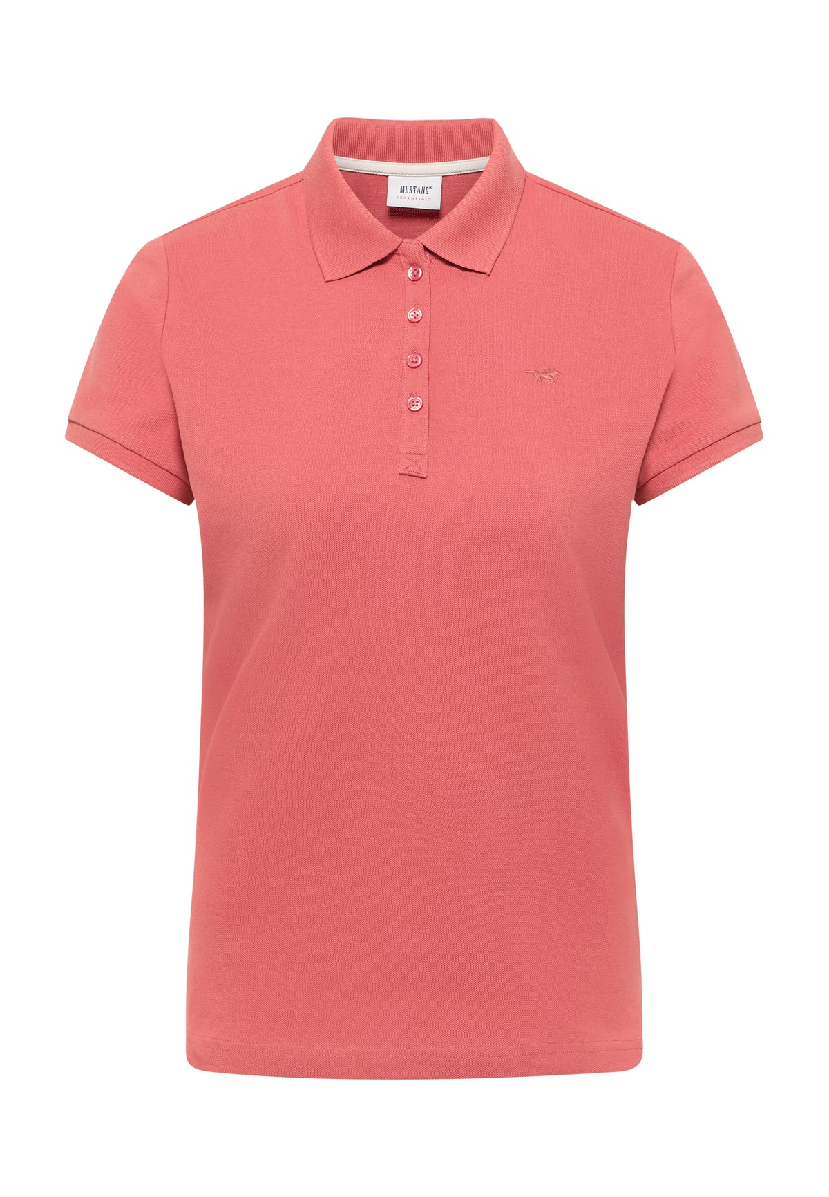 Tricou Tara roz corai, față, guler polo cu placheta de nasturi și siglă cal brodată pe piept