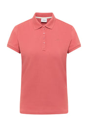 Tricou Tara roz corai, față, guler polo cu placheta de nasturi și siglă cal brodată pe piept