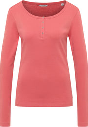 Bluză Slim Hope roz corai, față, decolteu rotund cu nasturi tip henley