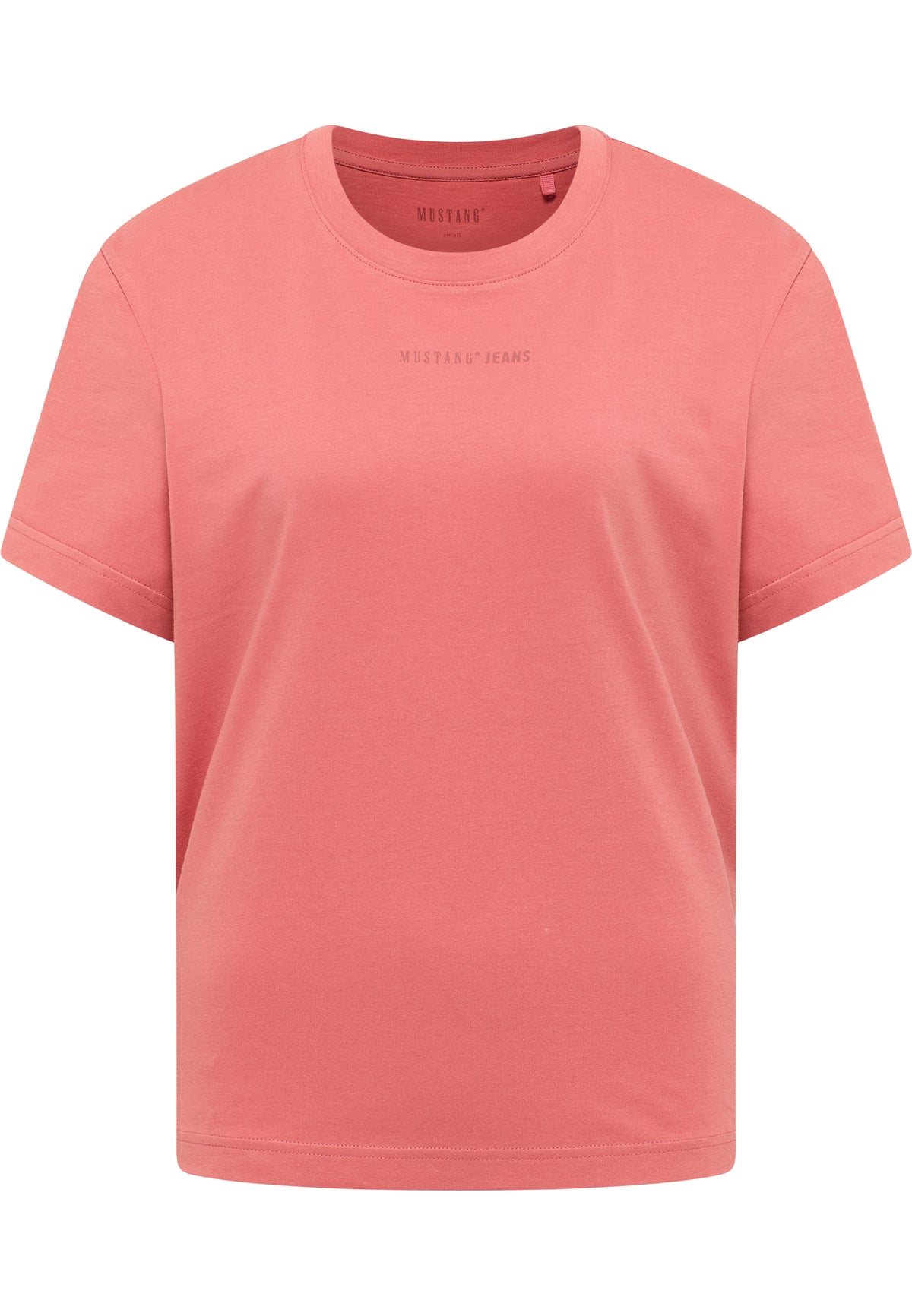 Tricou Relaxed Floris roz corai, față, imprimeu mic „Mustang Jeans” pe piept, croi larg
