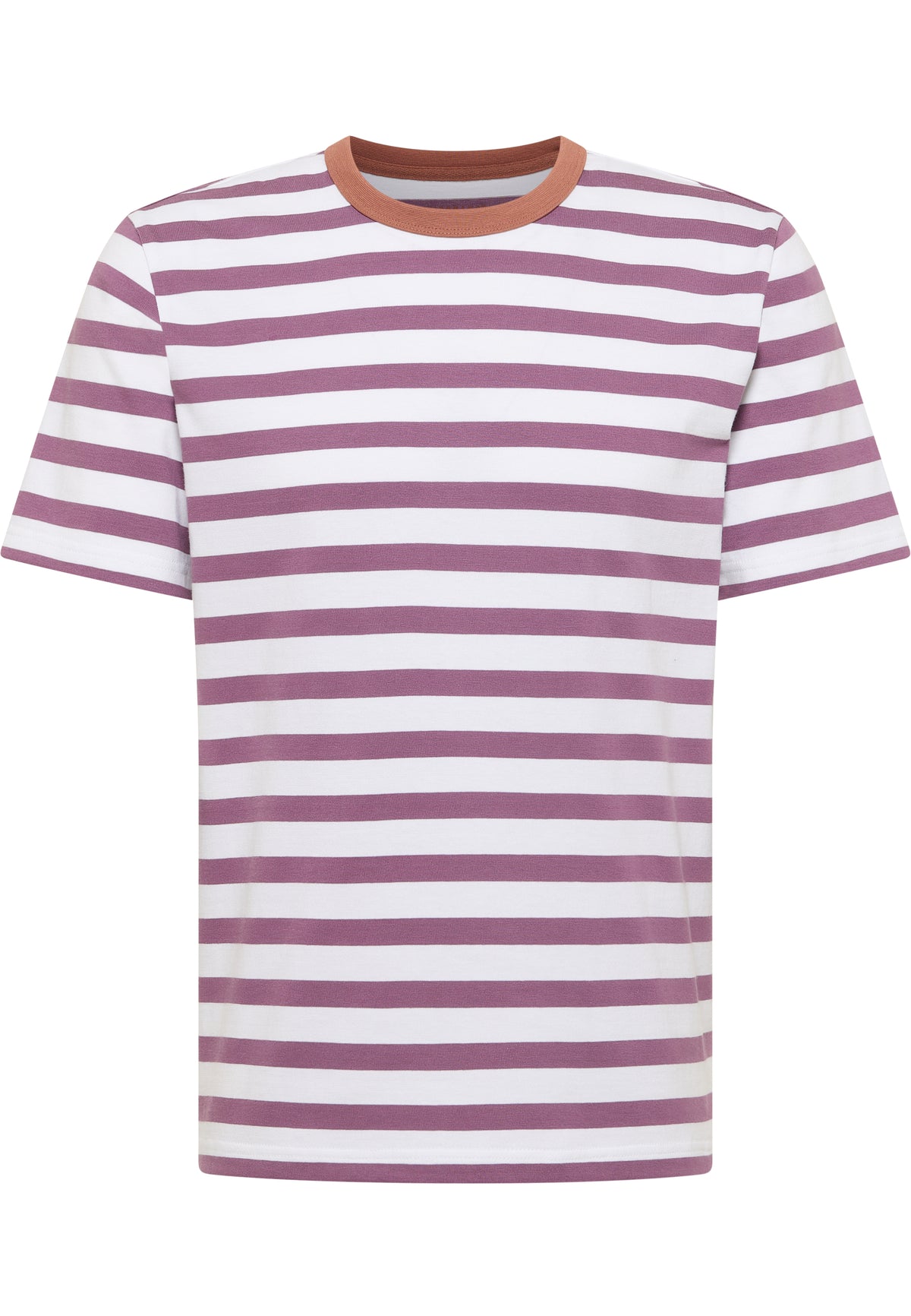 Tricou Austin roz-mov cu dungi albe, față, guler rotund contrastant cărămiziu