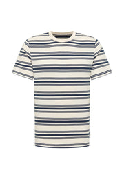 Tricou Austin alb crem cu dungi bleumarin, față, model în dungi orizontale