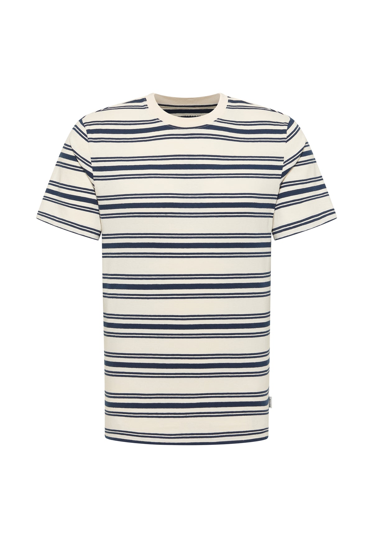 Tricou Austin alb crem cu dungi bleumarin, față, model în dungi orizontale
