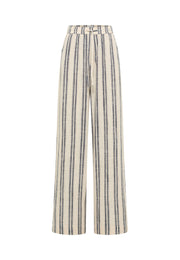 Pantaloni Largi Lacey ecru cu dungi bleumarin, față, talie elastică cu șnur și buzunare oblice