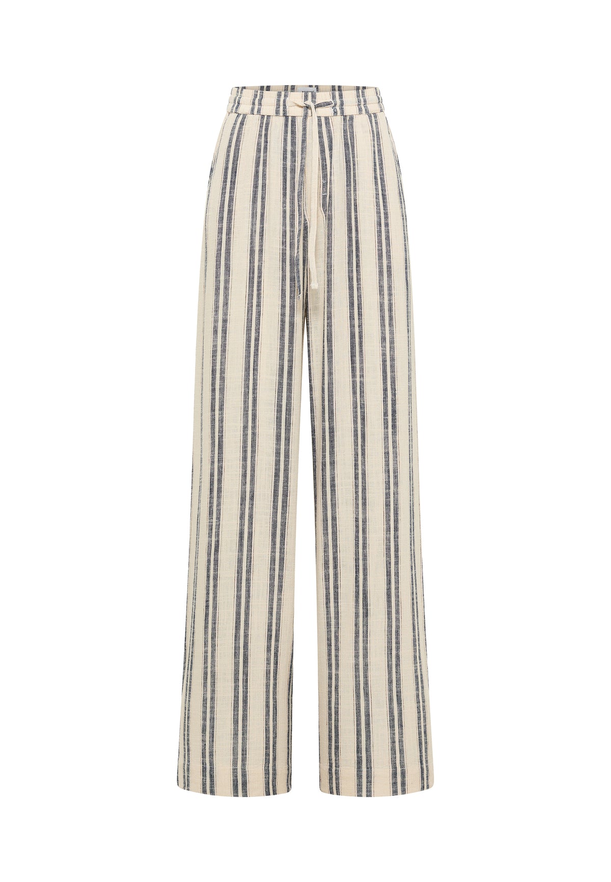 Pantaloni Largi Lacey ecru cu dungi bleumarin, față, talie elastică cu șnur și buzunare oblice