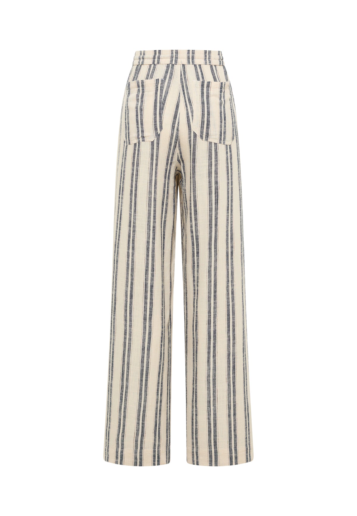 Pantaloni Largi Lacey ecru cu dungi bleumarin, spate, buzunare aplicate, croială largă