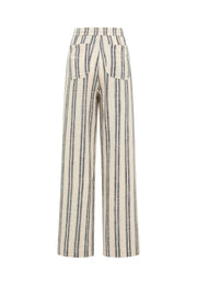 Pantaloni Largi Lacey ecru cu dungi bleumarin, spate, buzunare aplicate, croială largă