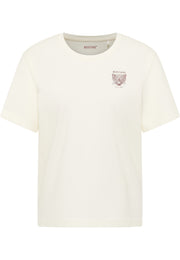 Tricou Relaxed Floris alb crem, față, imprimeu mic cu cap de leopard și textul „Mustang since 1932” pe piept