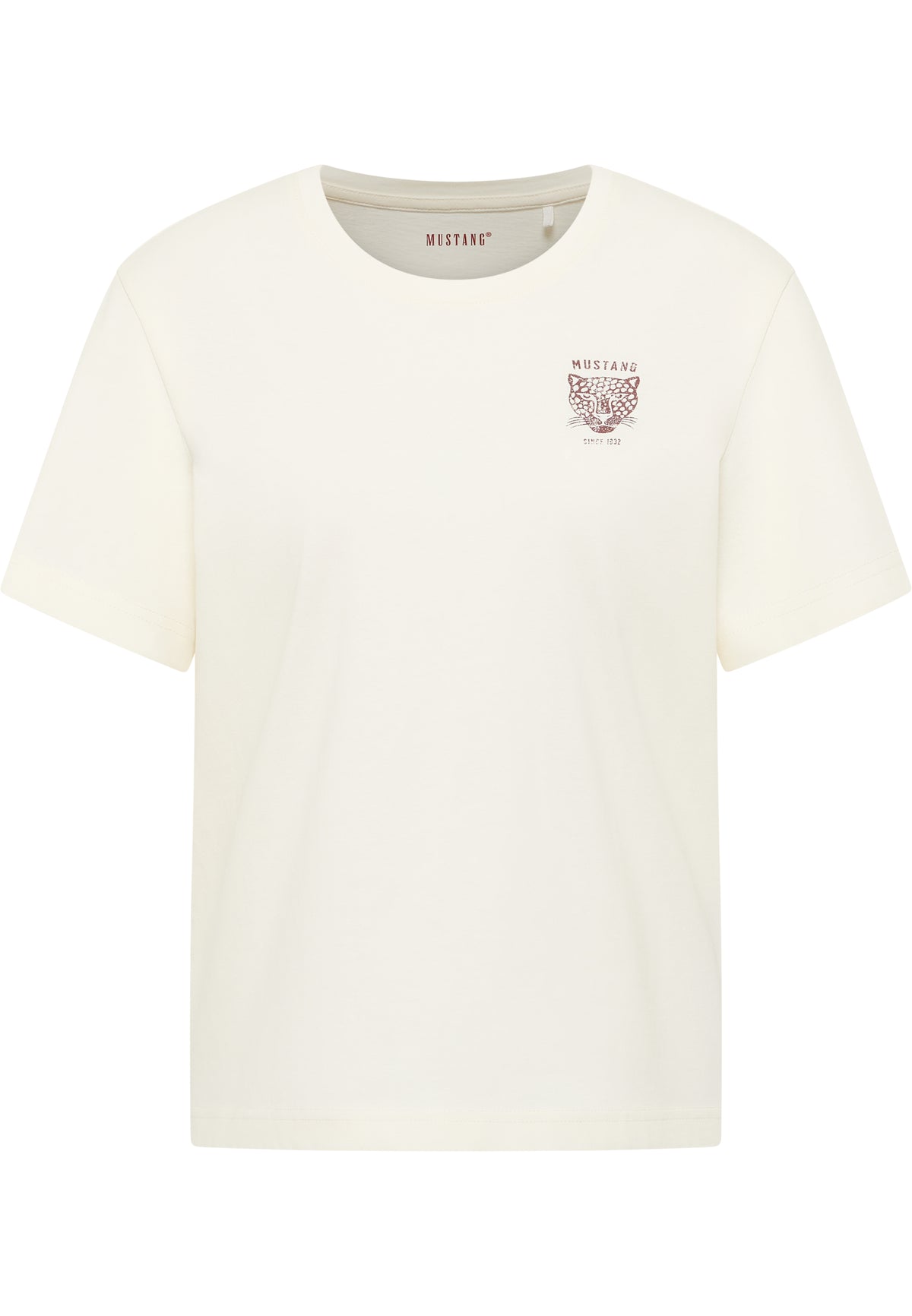 Tricou Relaxed Floris alb crem, față, imprimeu mic cu cap de leopard și textul „Mustang since 1932” pe piept