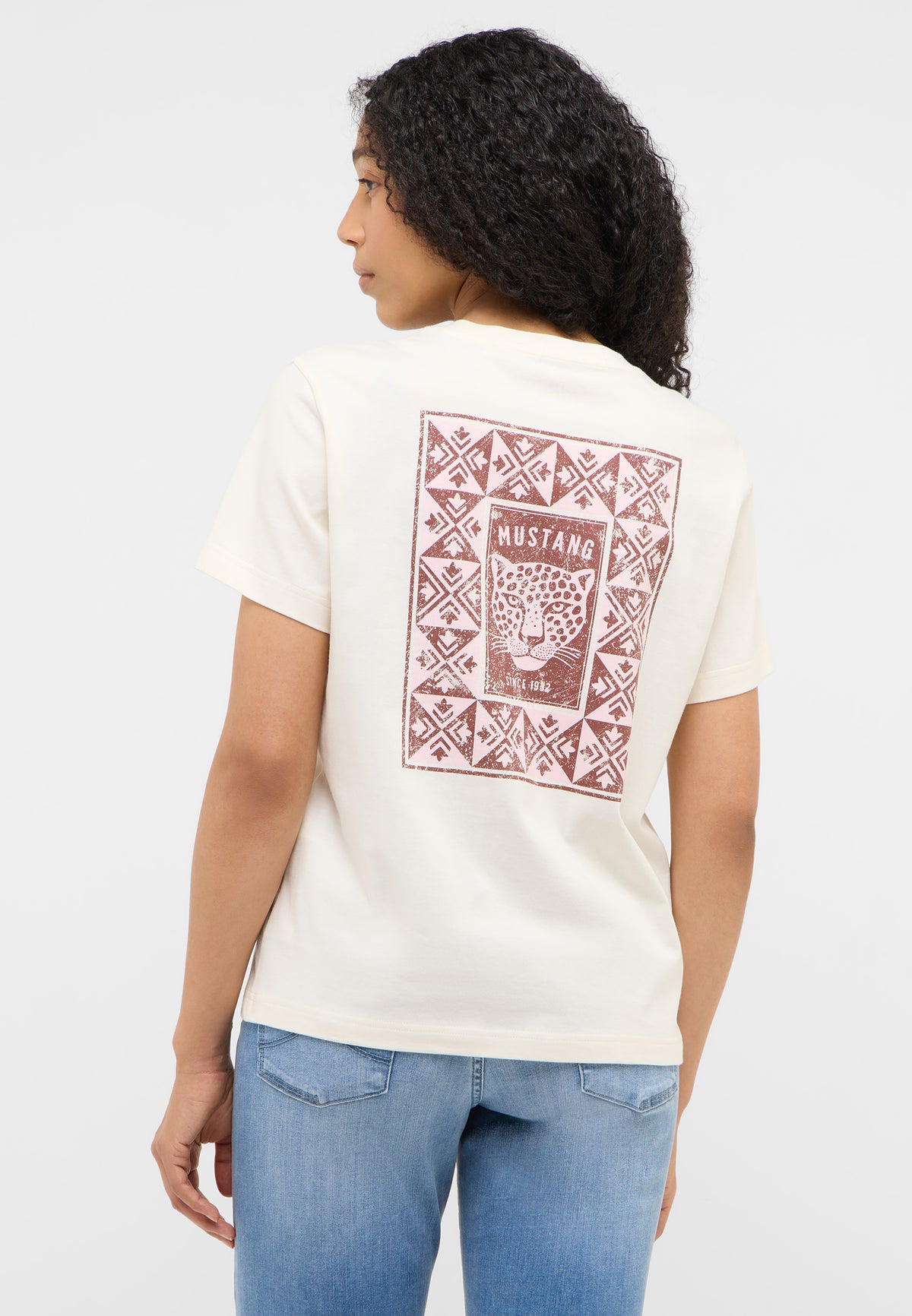 Tricou Floris alb crem, spate, imprimeu mare cu cap de leopard încadrat de model geometric