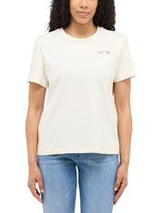 Tricou Floris alb crem, față, purtat, logo text „Mustang” mic pe piept