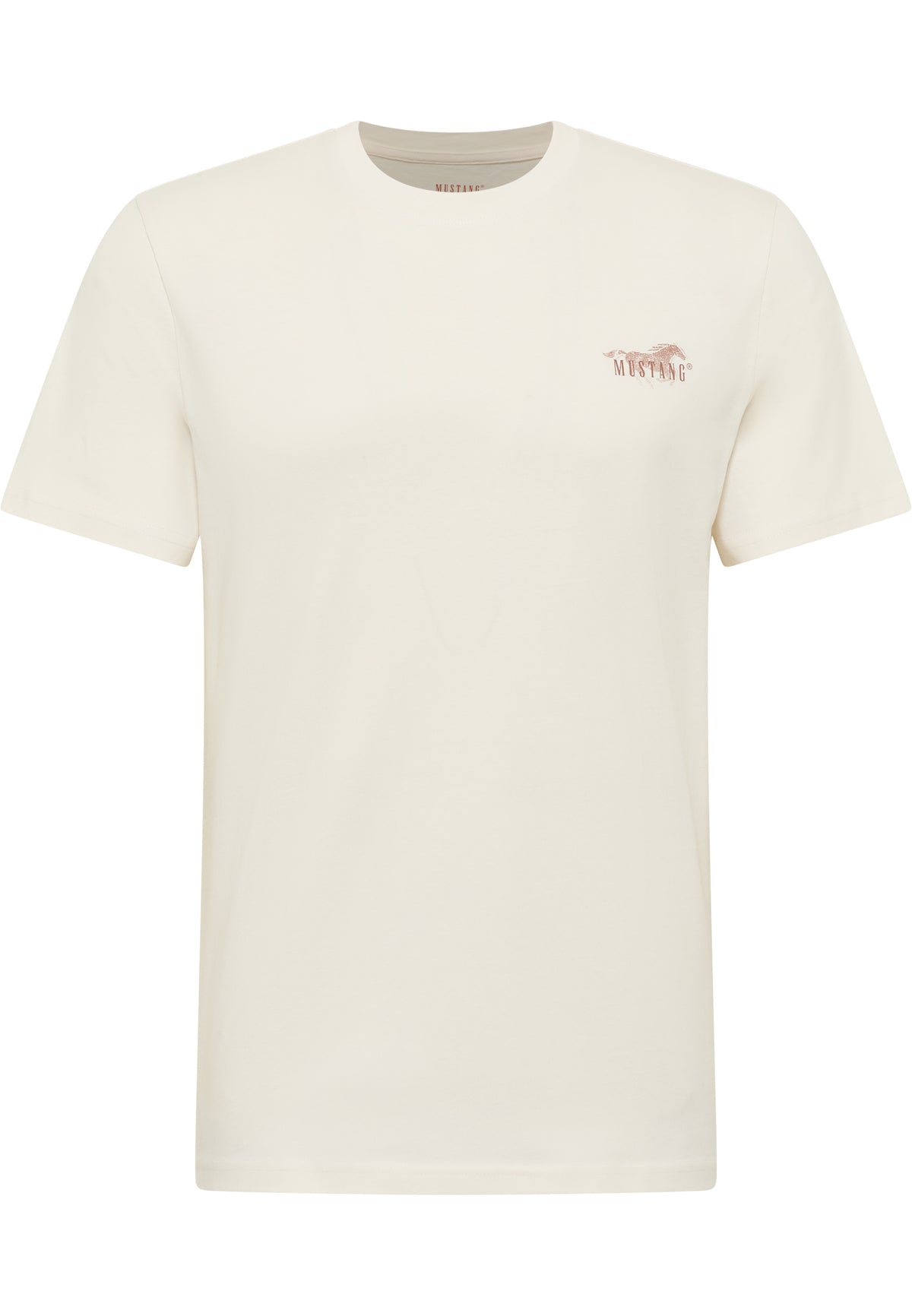 Tricou Austin alb crem, față, plan general, imprimeu mic cu siluetă de cal și textul Mustang pe piept