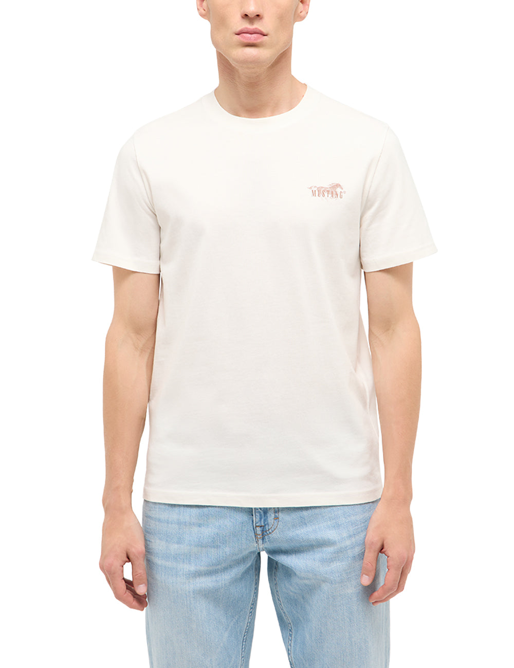 Tricou Austin alb crem, față, prim-plan, imprimeu mic cu siluetă de cal pe piept