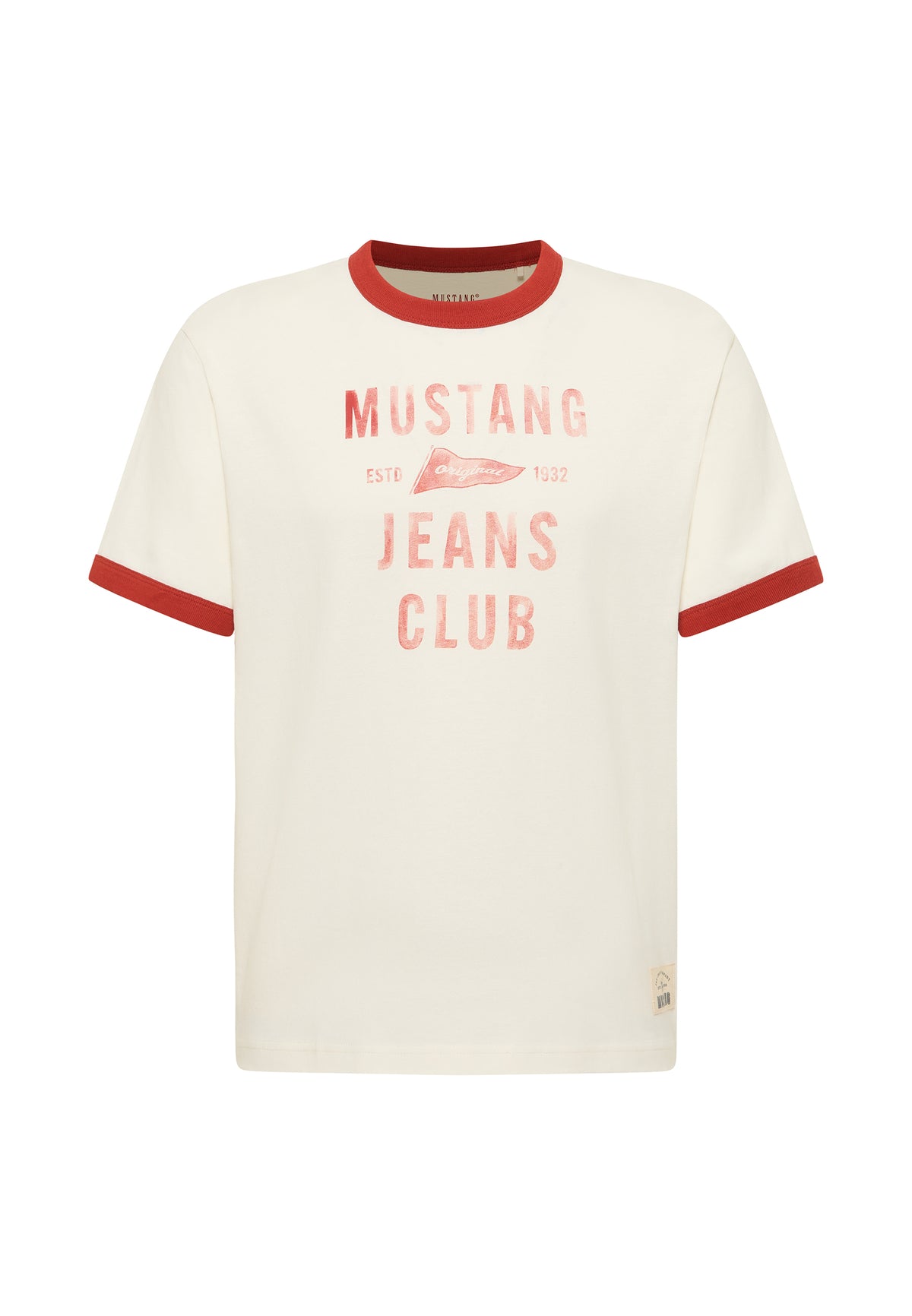 Tricou Akron alb crem, față, guler și manșete roșii, imprimeu "Mustang Jeans Club" pe piept