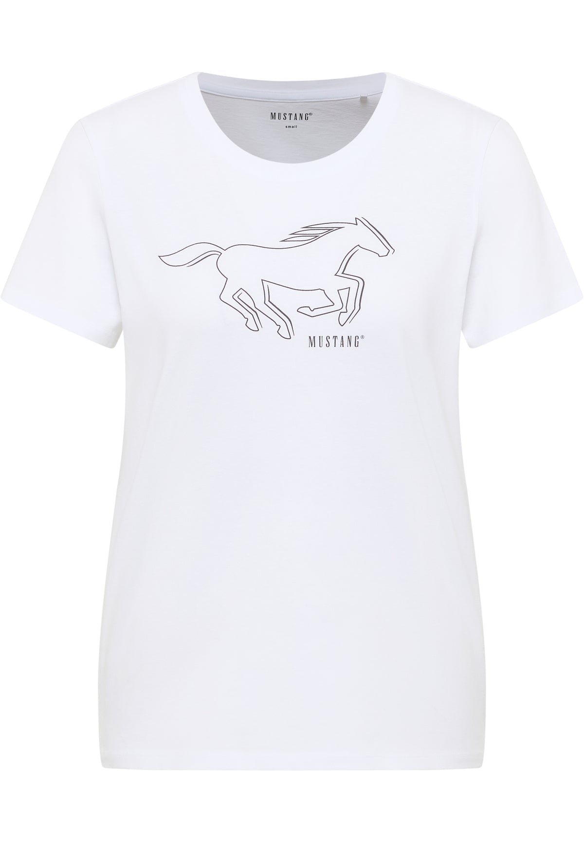 Tricou Alma alb, față, imprimeu mare cu silueta unui cal în galop și textul „Mustang”