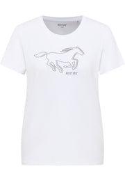 Tricou Alma alb, față, imprimeu mare cu silueta unui cal în galop și textul „Mustang”