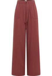 Pantaloni Largi Lacey roșu cărămiziu, față, talie elastică cu șnur și buzunare oblice