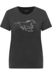 Tricou Alma negru, față, imprimeu mare cu silueta unui cal în galop și textul „Mustang”